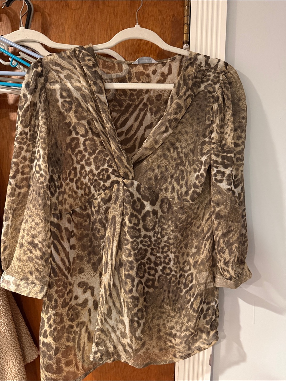 New York & Company Brown Animal Print V-Neck Blouse
